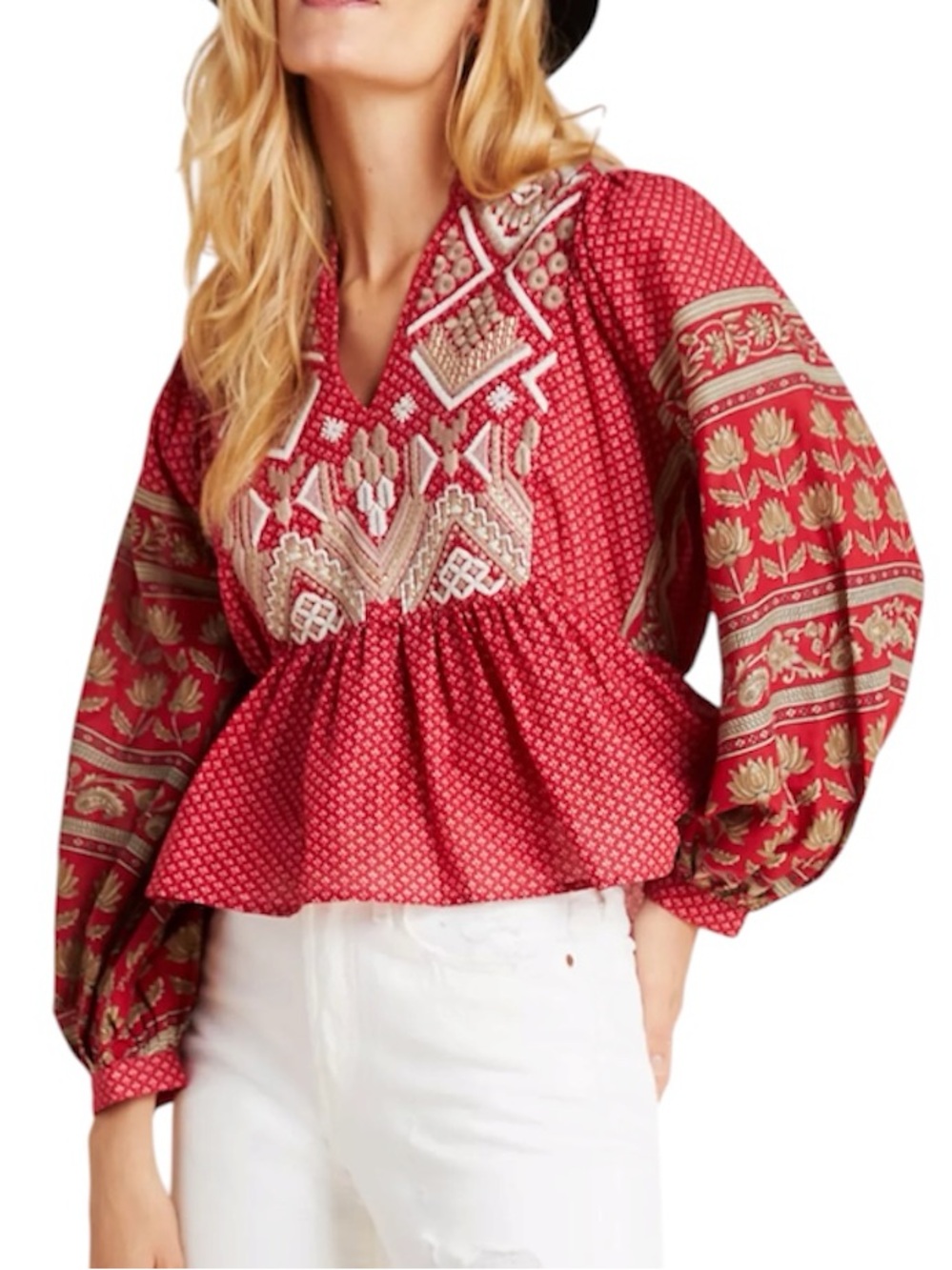 Anthropologie Keira Embroidered Peplum boho  Blouse top size 8